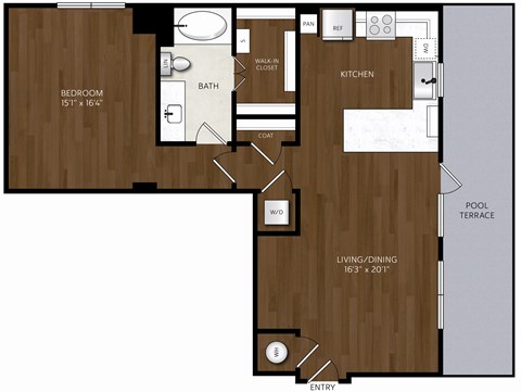 Floor plan for 1 bed, 1 bath, 872 sqft